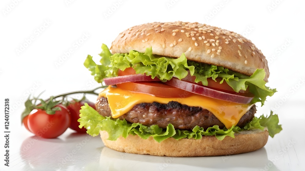 Delicious Cheeseburger with Fresh Vegetables and Sesame Bun Delicious Cheeseburger with Fresh Vegetables and Sesame Bun