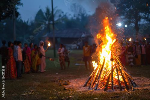 people celebrating by lighting bonfires, feasting on traditional Assamese dishes, and participating in various cultural activities. photo