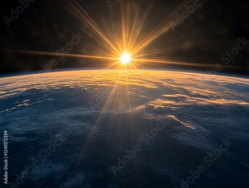 A beautiful sunrise casting golden light over the Earth's horizon as seen from space, with glowing city lights and atmospheric details creating a breathtaking view.