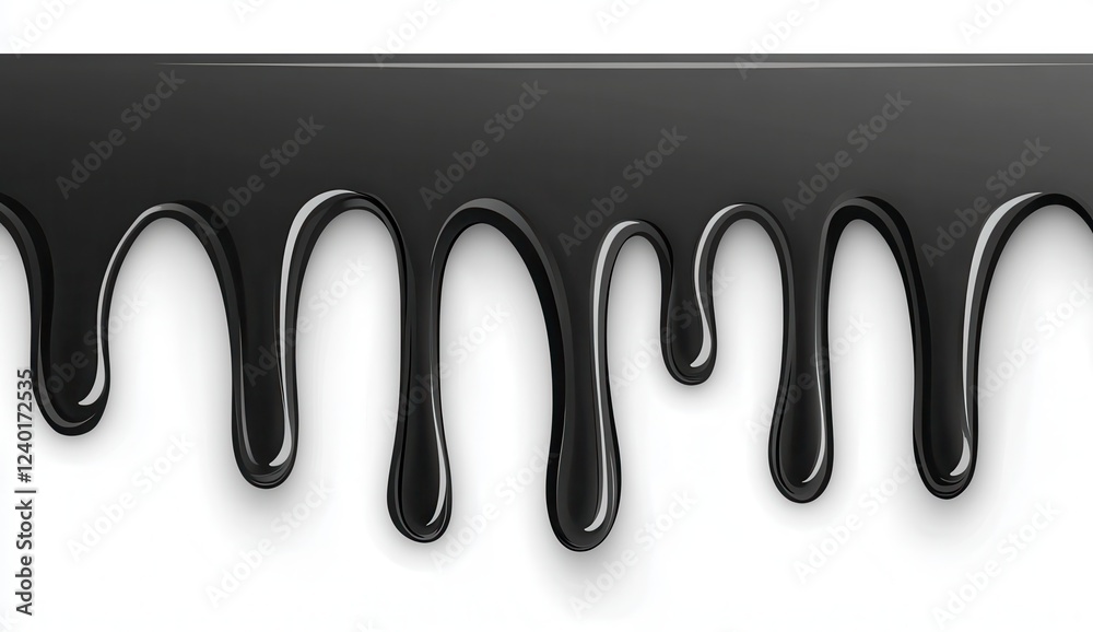 Black liquid dripping down, isolated on white background. The dark glossy substance flows downwards in thick, uneven streams, creating a textured Black liquid dripping down, isolated on white background. The dark glossy substance flows downwards in thick, uneven streams, creating a textured
