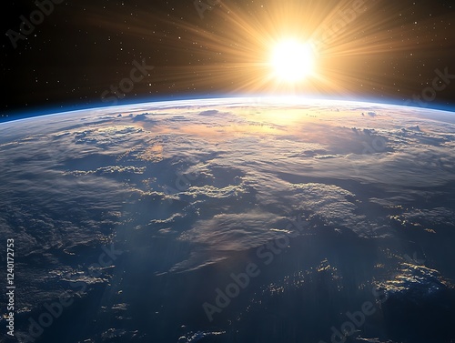 A beautiful sunrise casting golden light over the Earth's horizon as seen from space, with glowing city lights and atmospheric details creating a breathtaking view.