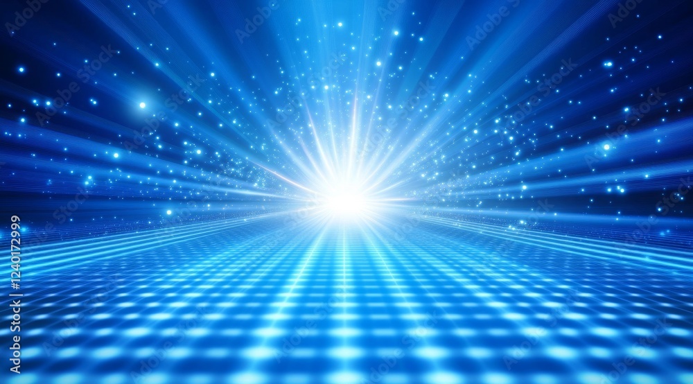 Obraz premium Blue light bursts on grid floor, cosmic background, futuristic design