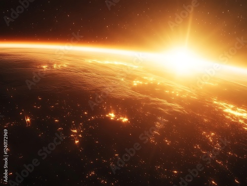 A beautiful sunrise casting golden light over the Earth's horizon as seen from space, with glowing city lights and atmospheric details creating a breathtaking view.