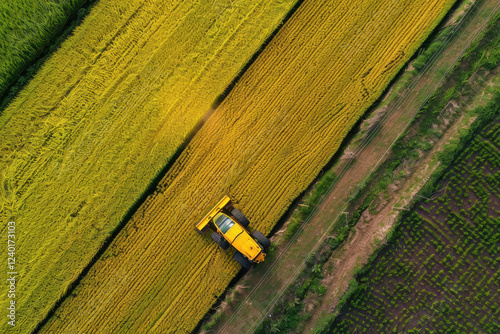 Large yellow rotavator working in paddy field, drone shot, no people photo