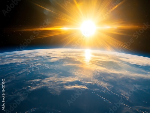 A beautiful sunrise casting golden light over the Earth's horizon as seen from space, with glowing city lights and atmospheric details creating a breathtaking view.