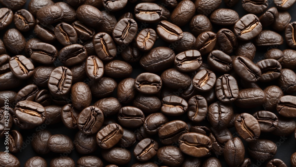 Fototapeta premium close-up of a pile of coffee beans. The beans are dark brown in color and appear to be freshly roasted. They are arranged in a uniform pattern, with some overlapping each other.