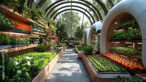 Indoor farm, fresh produce, sustainable agriculture, sunlight, plants, healthy food, eco-friendly, future farming photo