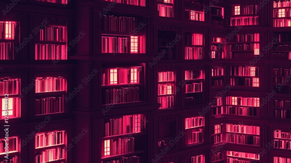 Surreal Library with Glowing Pink Light Displaying Rows of Books in a Mystical Environment Surreal Library with Glowing Pink Light Displaying Rows of Books in a Mystical Environment