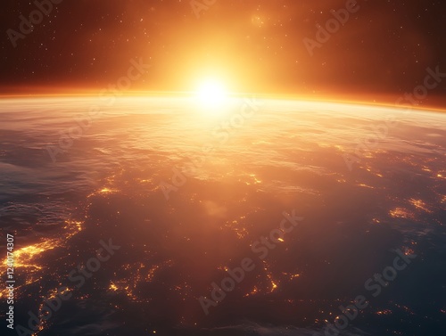 A beautiful sunrise casting golden light over the Earth's horizon as seen from space, with glowing city lights and atmospheric details creating a breathtaking view.
