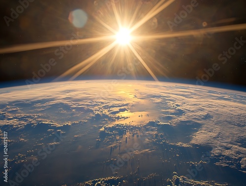 A beautiful sunrise casting golden light over the Earth's horizon as seen from space, with glowing city lights and atmospheric details creating a breathtaking view.