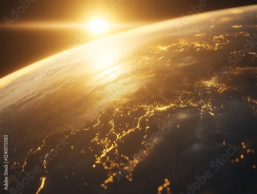 A beautiful sunrise casting golden light over the Earth's horizon as seen from space, with glowing city lights and atmospheric details creating a breathtaking view.