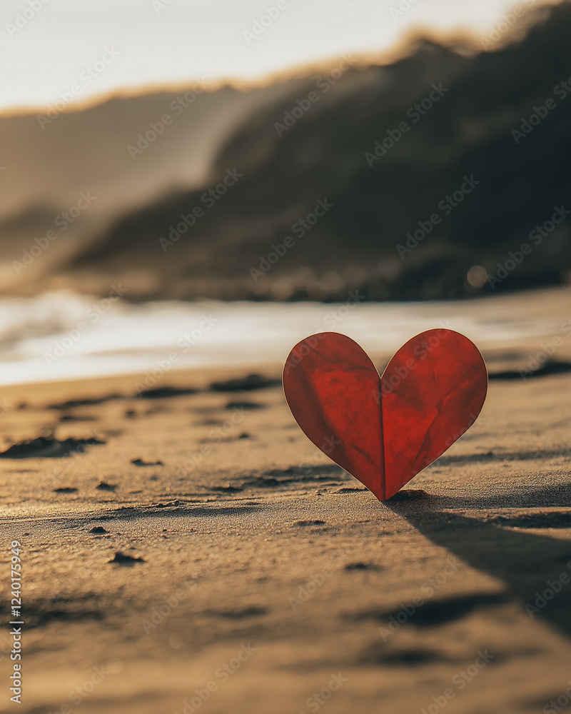 Fototapeta premium red heart shaped paper cut out on beach, surrounded by nature beauty, evokes feelings of love and tranquility