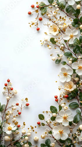 Elegant White Flowers & Red Berries: Festive Winter Decor