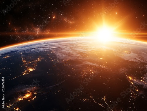 A beautiful sunrise casting golden light over the Earth's horizon as seen from space, with glowing city lights and atmospheric details creating a breathtaking view.