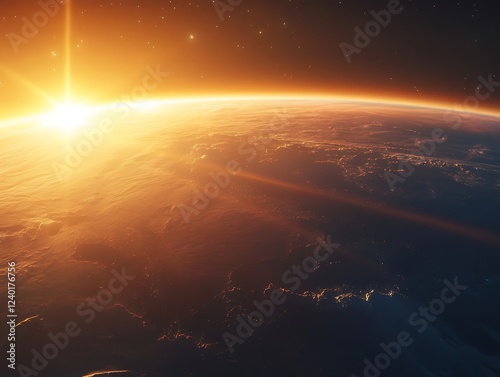 A beautiful sunrise casting golden light over the Earth's horizon as seen from space, with glowing city lights and atmospheric details creating a breathtaking view.
