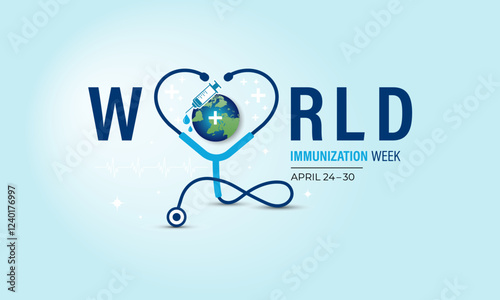 World Immunization Week is an annual global event celebrated every last week of April to highlight the importance of vaccines in protecting people. Stethoscope and Earth, syringe, vaccine.Vector eps10
