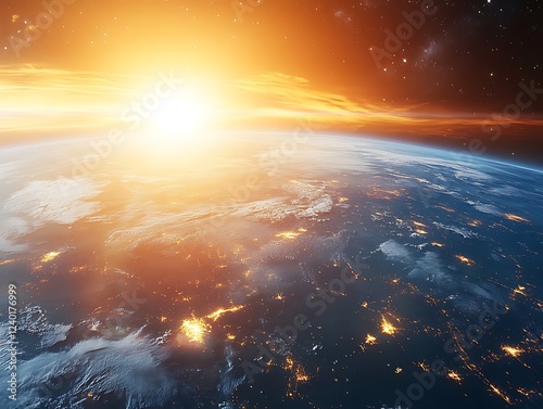 A beautiful sunrise casting golden light over the Earth's horizon as seen from space, with glowing city lights and atmospheric details creating a breathtaking view.
