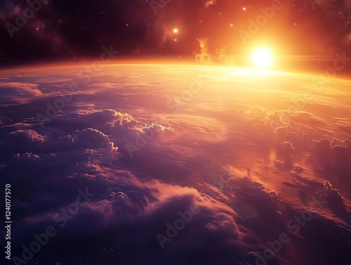 A beautiful sunrise casting golden light over the Earth's horizon as seen from space, with glowing city lights and atmospheric details creating a breathtaking view.