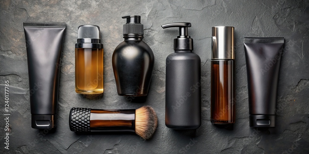Obraz premium Men's Premium Cosmetics Flat Lay: Shower Gel, Shampoo, Deodorant & Serum on Stone