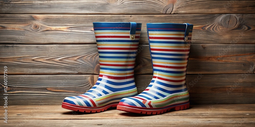 Macro View of Striped Rubber Boots on Rustic Wood Macro View of Striped Rubber Boots on Rustic Wood
