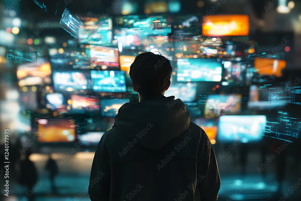 Person Observing Digital Data in Futuristic Scenery with Vibrant Colors Person Observing Digital Data in Futuristic Scenery with Vibrant Colors