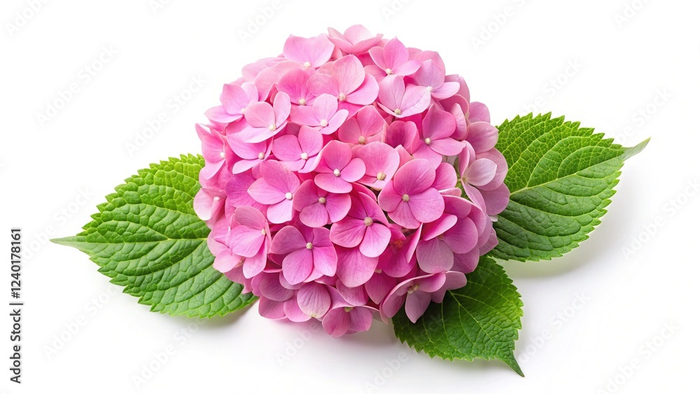 Obraz premium Pink Hydrangea Bloom, Top View, White Background, Long Exposure Photography
