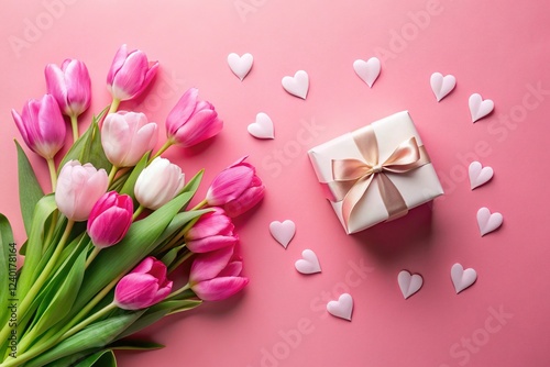 Pink Tulips, White Gift, Romantic Hearts: Minimalist Valentine's Day Stock Photo