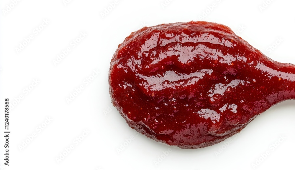 Obraz premium Close up view of a dollop of dark red, glistening sauce or jam on a spoon against a bright white background. The sauce has a slightly textured