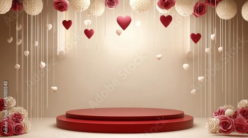A dreamy Valentine's Day theme with a red circular stage, rose accents, and paper hearts in a soft beige setting.