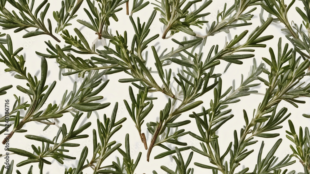 A vibrant collection of rosemary sprigs arranged in a captivating pattern against a neutral backdrop.