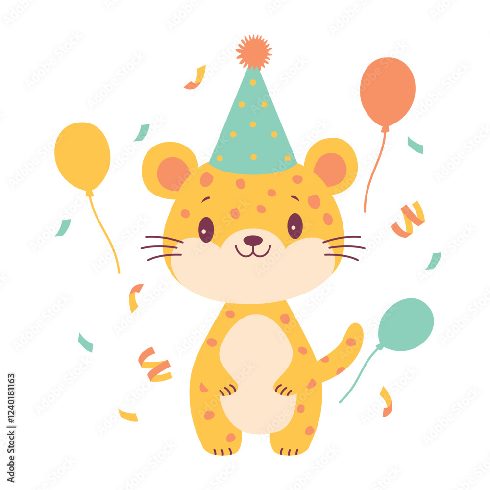 Fototapeta premium Happy Cute Leopard Animal Cartoon Character Wearing Cone Hat Celebrating Birthday Party