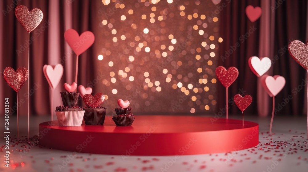 A dreamy Valentine's scene with a chocolate-decorated red stage and paper hearts on a glittery backdrop. A dreamy Valentine's scene with a chocolate-decorated red stage and paper hearts on a glittery backdrop.