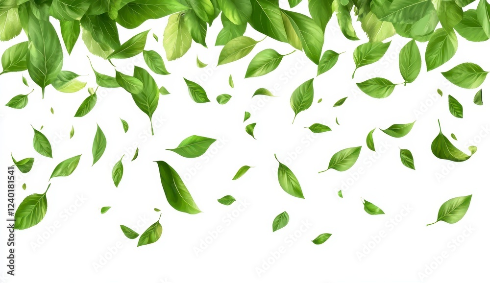 Falling green leaves on a white background, digitally created illustration. Vivid green shades, various leaf sizes and shapes. Ideal for spring or Falling green leaves on a white background, digitally created illustration. Vivid green shades, various leaf sizes and shapes. Ideal for spring or
