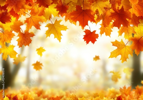 Falling autumn leaves in warm yellow and orange hues, creating a vibrant autumnal scene against a blurred forest background. Bright sunlight filters
