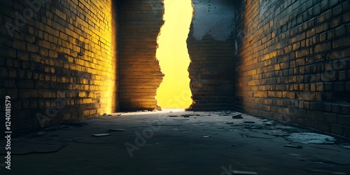 a dark alleyway with brick walls. A bright, yellowish light shines through a crack in the wall at the far end, creating a strong contrast between light and shadow.