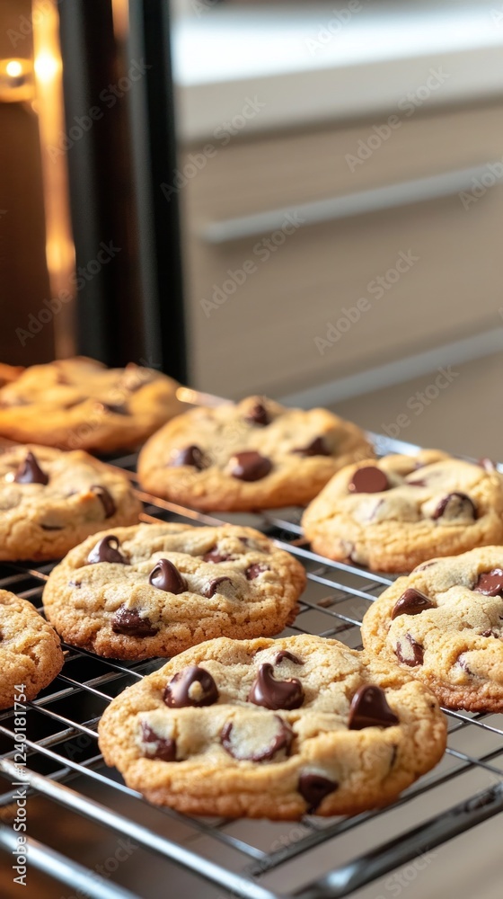Freshly baked chocolate chip cookies cooling on a wire rack Freshly baked chocolate chip cookies cooling on a wire rack