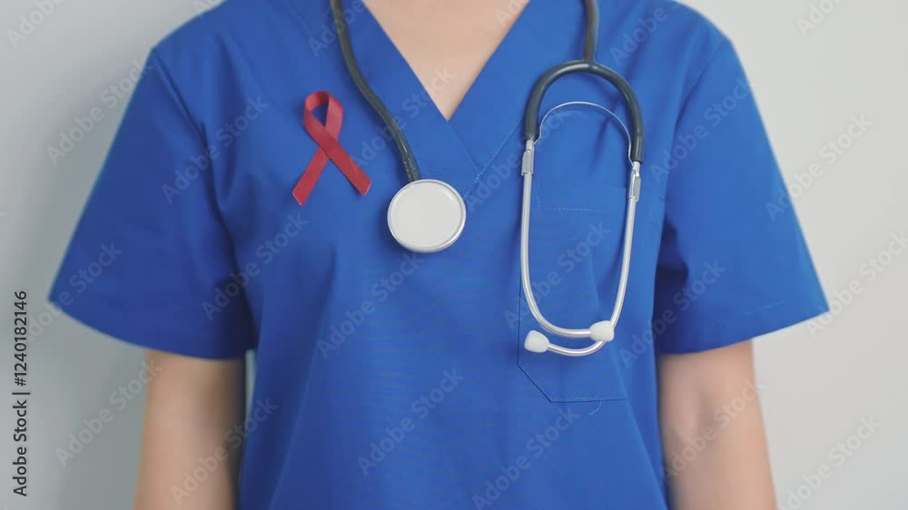 Doctor with Burgundy Red Ribbon for March multiple myeloma Cancer and December World Aids Day Awareness month. Healthcare and world cancer day concept Doctor with Burgundy Red Ribbon for March multiple myeloma Cancer and December World Aids Day Awareness month. Healthcare and world cancer day concept