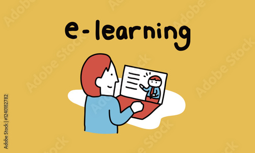 e-learning　ノートパソコンでオンライン学習する人物のイラスト
