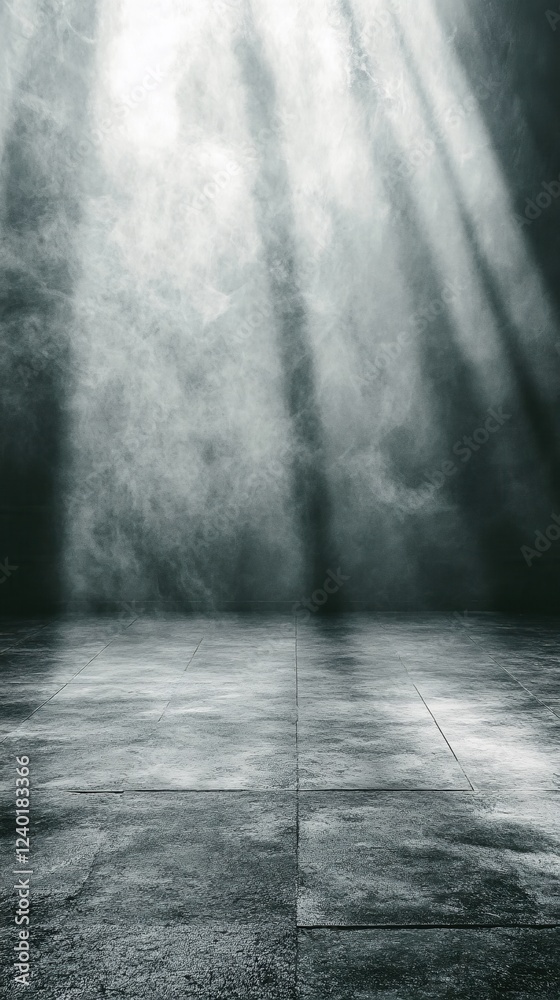 Fototapeta premium Dramatic light rays pierce through smoke over a textured concrete floor in a dark setting