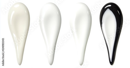Four creamy samples in off white, white, and black shades are displayed against a white background. The samples are tear drop shaped and glossy