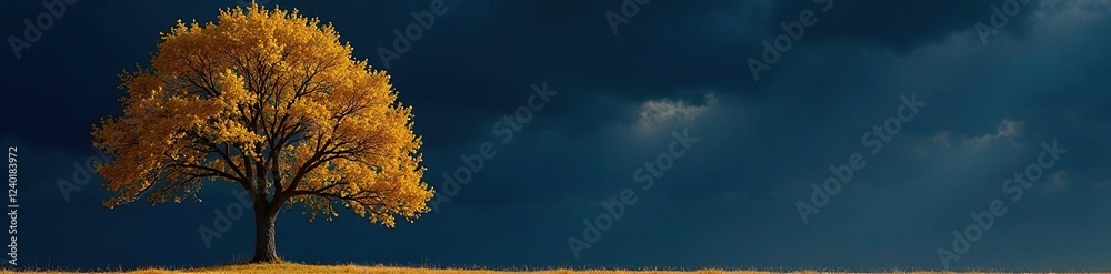 Yellow tree with bare branches against dark sky, cold, sky, peaceful Yellow tree with bare branches against dark sky, cold, sky, peaceful