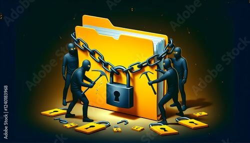 Icon Technology A yellow folder with chains and a padlock is surrounded by two figures in dark clothing and masks tr1 photo