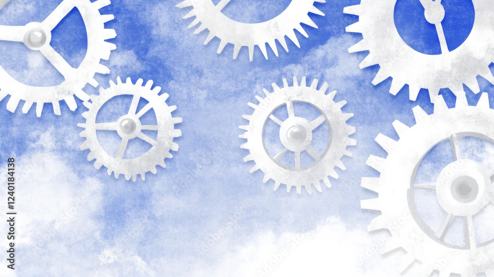 White gears in cloudy sky background symbolize technology and innovation White gears in cloudy sky background symbolize technology and innovation