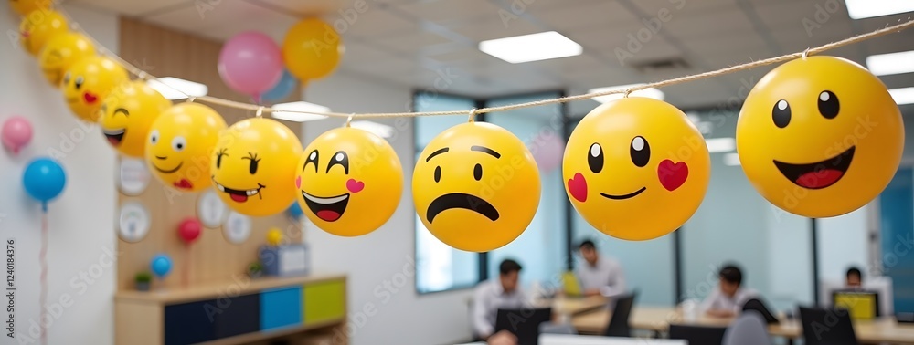 Obraz premium Colorful office decorations with emoji balloons and professional atmosphere