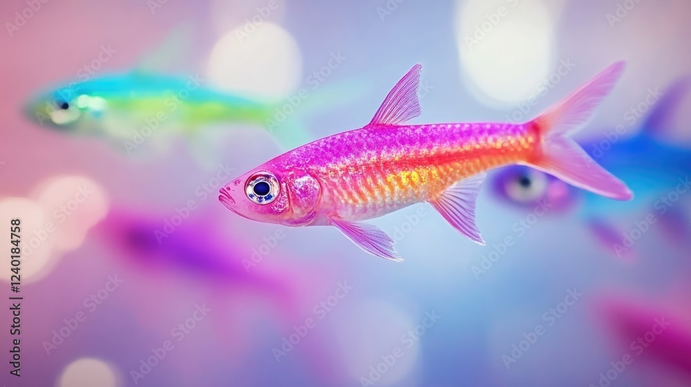 Vibrant pink fish swimming in a colorful, bokeh background, showcasing its iridescent scales and large eye. Other smaller fish are blurred in the background. Vibrant pink fish swimming in a colorful, bokeh background, showcasing its iridescent scales and large eye. Other smaller fish are blurred in the background.