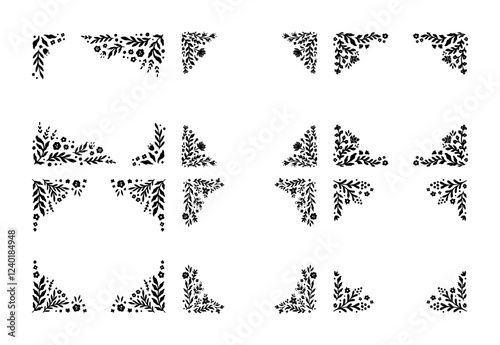 Floral Handdrawn Corner Frame Set in Retro Curl Style. Beautiful Flora Filigree Wall Art Decor. Vector Nature Illustration Isolated on White Background. Linocut Floral Ornament. Print Decoration