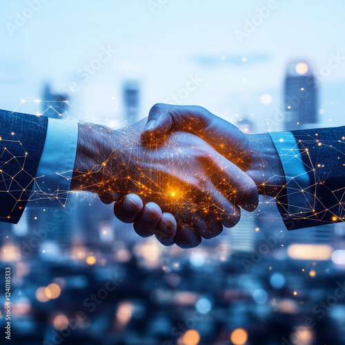 Engineer and Businessperson Handshake Representing Support, HR, and Digital Development in the Future City shaking hands on the background of the city