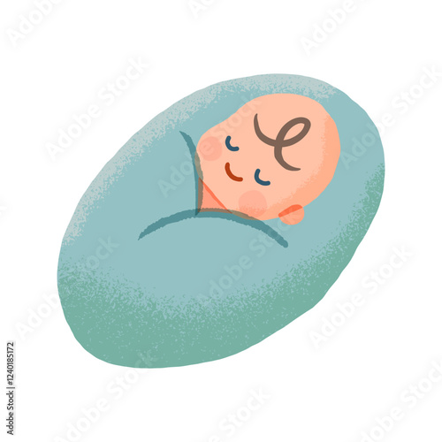 おくるみに包まれて眠る赤ちゃんの手描きイラスト素材