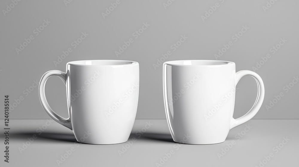 Two white mugs on grey background, studio shot, mockup Two white mugs on grey background, studio shot, mockup