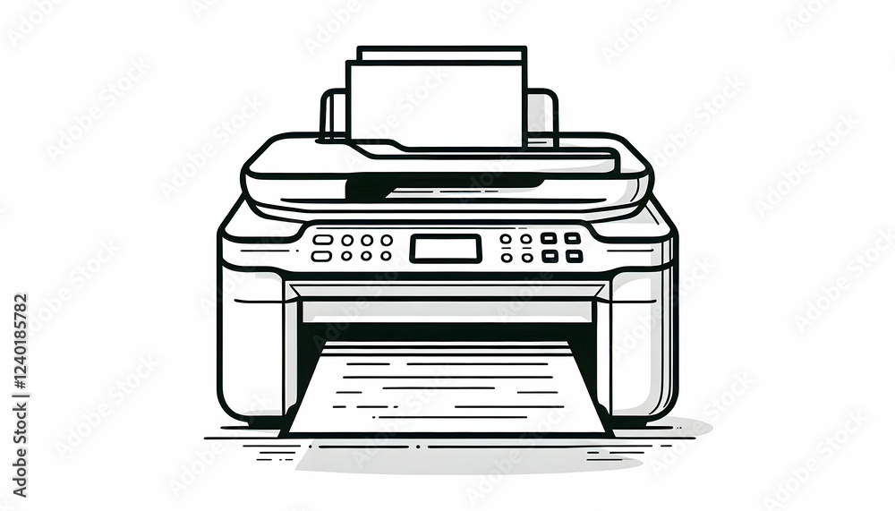Icon Technology A line-drawn printer with paper coming out, isolated against a white background The design is straig2 Icon Technology A line-drawn printer with paper coming out, isolated against a white background The design is straig2